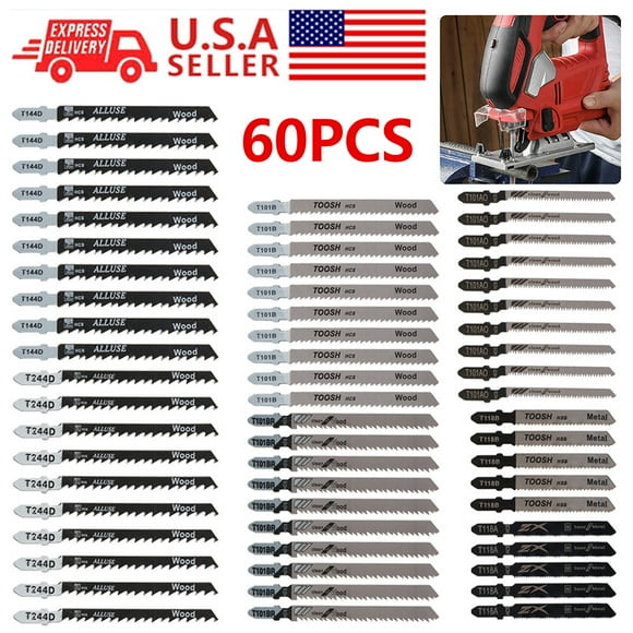 Pluokvzr 60Pcs Jigsaw Blades Set for Festool, Bosch, Dewalt, Hitachi, Milwaukee, Makita, Straight and Fast Cuts for Wood Plastic and Metal Cutting