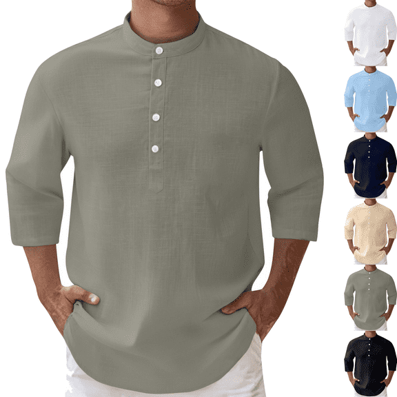 Men's Casual 3/4 Sleeves Shirt Henley Neck/V-Neck Button T-Shirt Loose Breathable Lightweight Workout Tops Classic Pullover