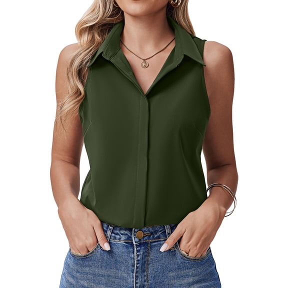 Zeagoo Women's Sleeveless Button Down Shirts Hidden-Button Front Collared Dressy Casual Blouses Loose Office Tank Tops