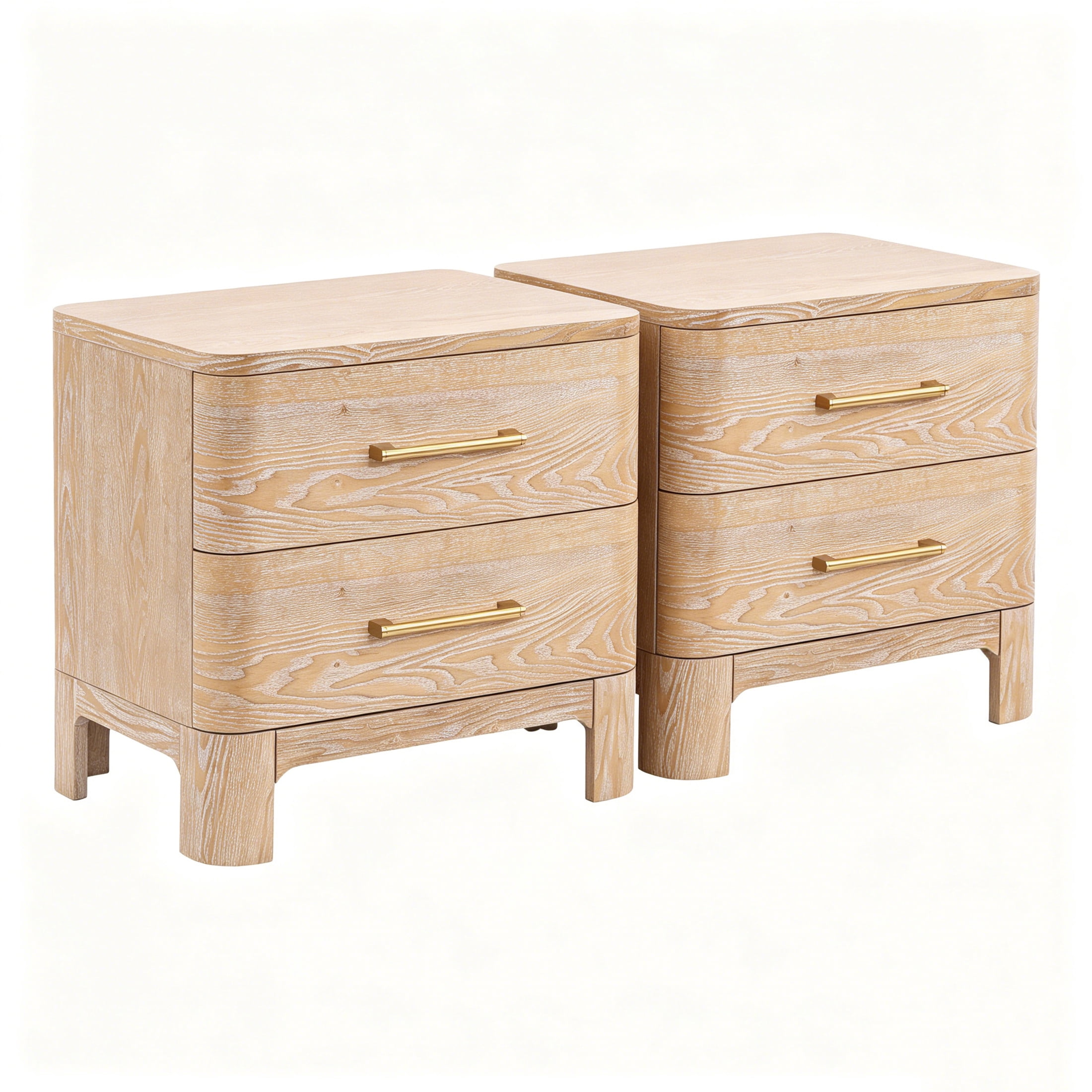 Christopher Knight Home Modern 23.6" Nightstand with Gold Handles, 2-Drawer Bedside Table, Washed Oak, Set of 2