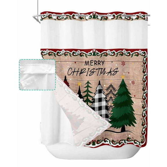 No Hook Shower Curtain with Snap in Liner, Merry Christmas Red Green Black Xmas Tree Wood Grain Hotel Shower Curtains for Bathroom, Washable Shower Curtain Liner Set with Mesh Top Window, 66"x72"