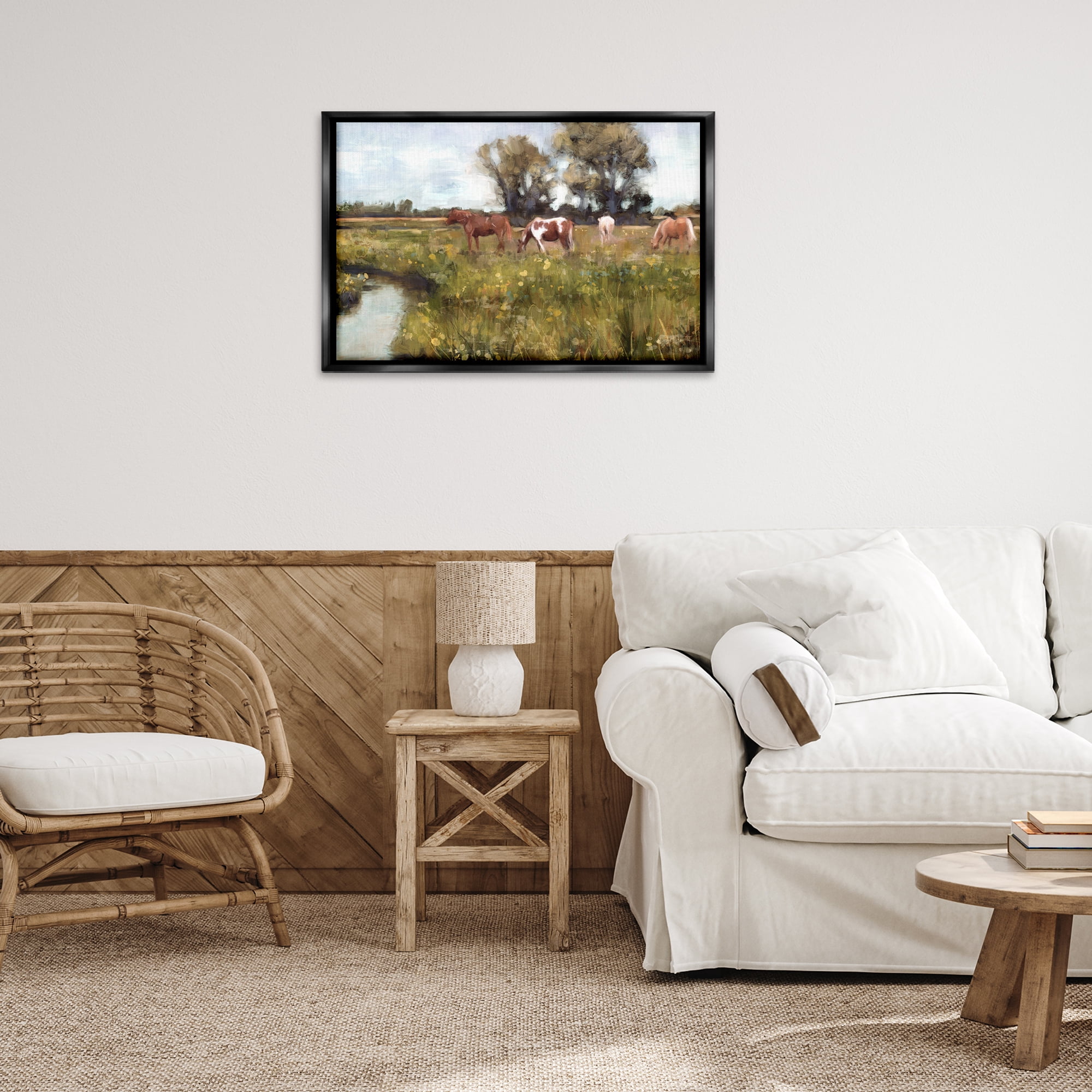Stupell Industries Lazy Day Horse Landscape Landscape Painting Black Floater Framed Canvas Art Print Wall Art, 31 x 21