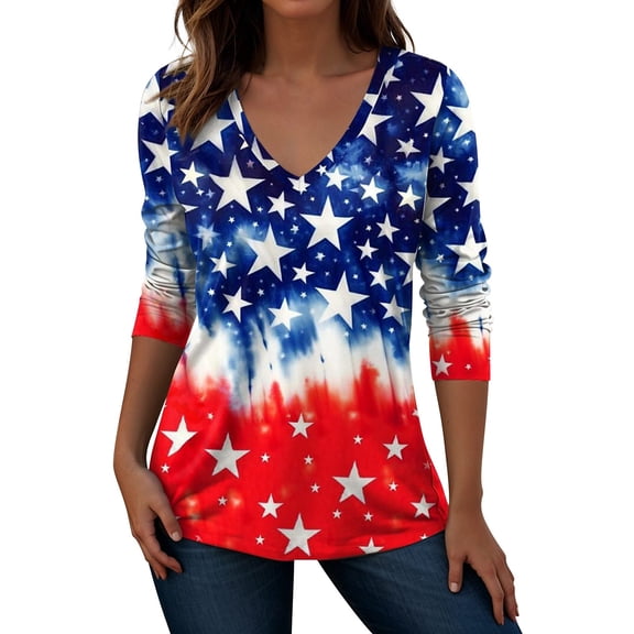 MEICHEN Women's 250th Anniversary American Flag Shirt V Neck Long Sleeve Patriotic T Shirt 4th of July Casual Summer Tops