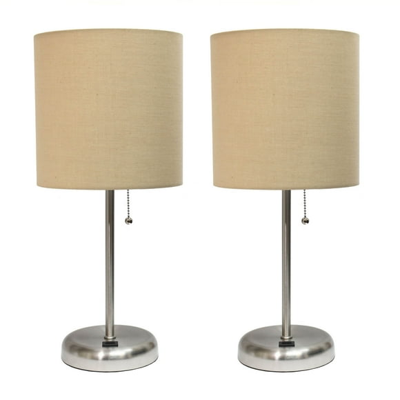 LimeLights Lampe Décorative pour la Maison avec Port de Charge USB, Abat-Jour en Tissu Beige et Base en Acier Brossé - Ensemble de 2