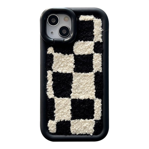 Funda de teléfono con tapa de felpa a cuadros irregulares para iPhone 14 Plus 11 12 13 Pro Max Poly XS Max, funda suave a prueba de golpes, soporte para almohadilla zhangmengya LED