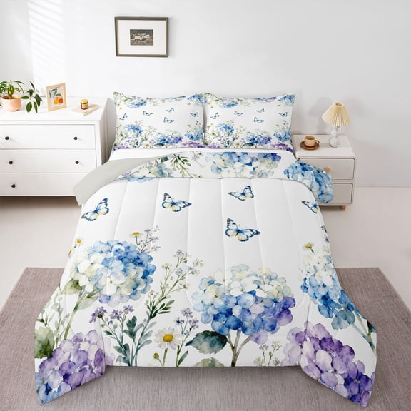 Feelyou Spring Blue Flower Full Size Comforter Sets, Butterfly Animal Bedding Sets, 3pcs