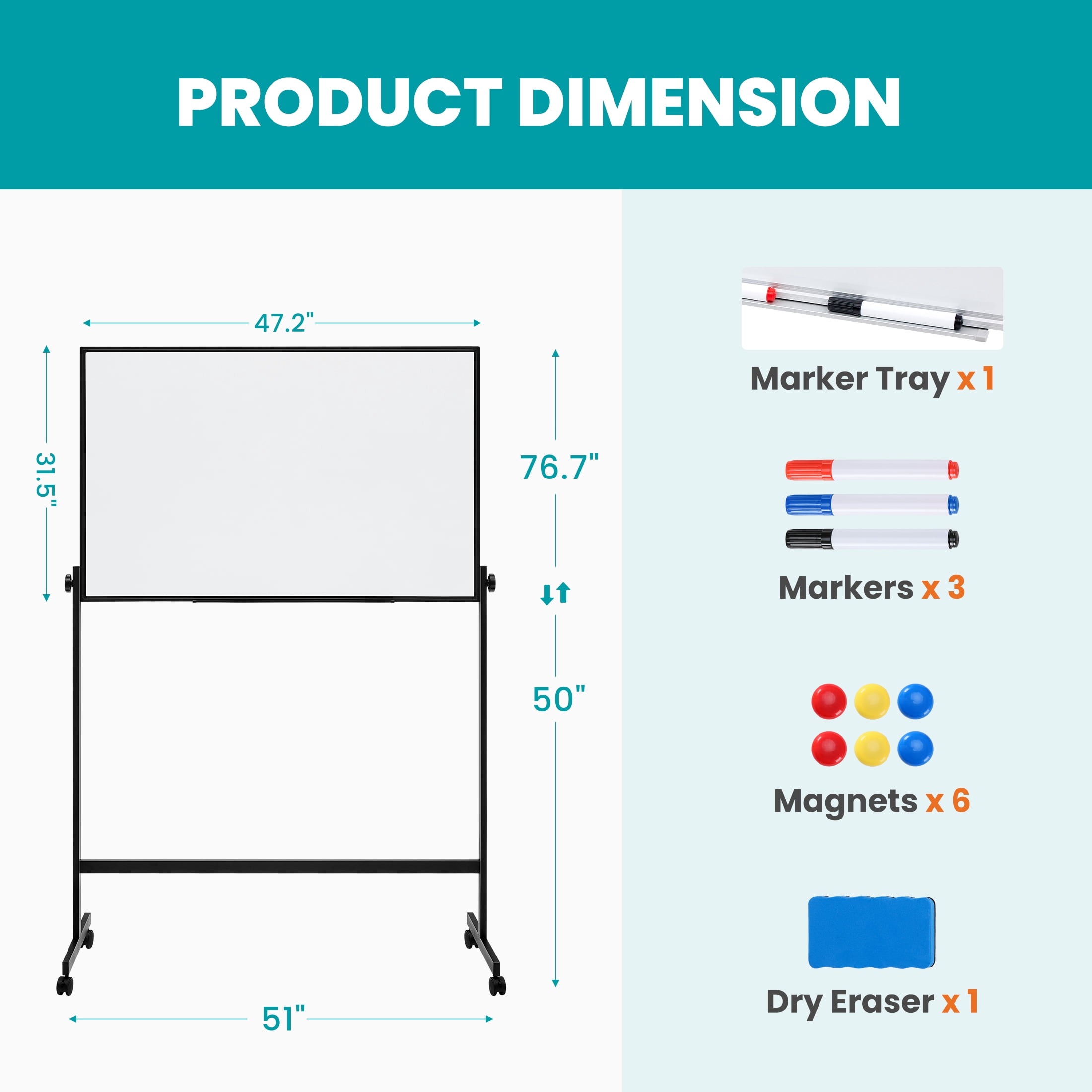 edx 46x32 Mobile Magnetic Whiteboard with Aluminum Stand & Wheels for Home Office, Classroom, Black