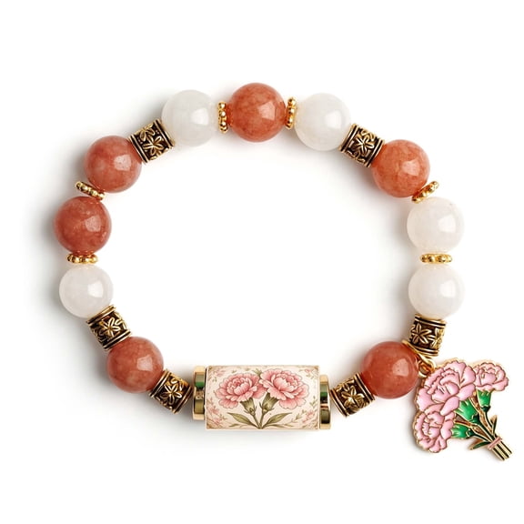 Birth Month Flower Bracelet for Women, Enamel Flower Charm Chalcedony Beaded Stretch Bracelet Birthday Jewelry Gift