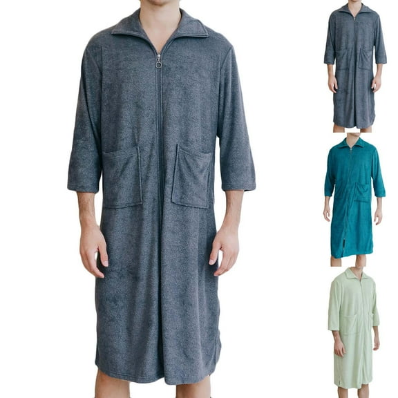 Sakmal Fleece Moomoo Nightgowns for Men Long Sleeve Soft Sleepwear Blue Collared Nightgowns for Men with Pockets