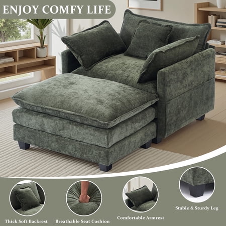 Gexpusm 40'' Wide Modern Accent Chair & Single Sofa Lounge for Living Room, Chenille Oversized Armchair with Ottoman,Green