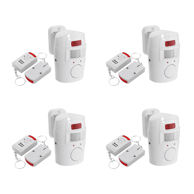 4X Infrared Motion Sensor Alarm - Burglar Alarm with 2 Remote Controls, Suitable for Home/Garages/Shops,4 * alarm 8 * remote control 4 * base,white