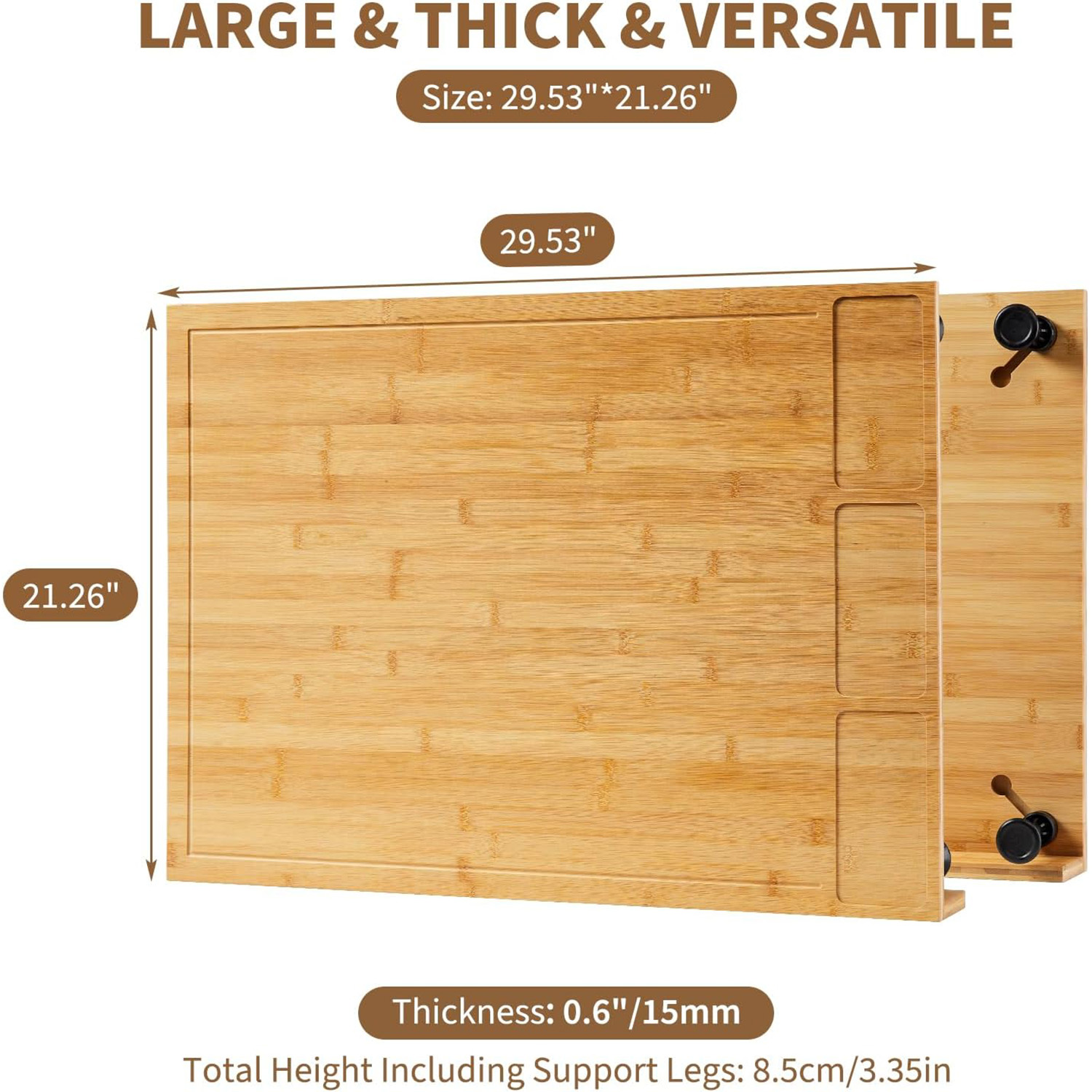 M optimized Bamboo Cutting Board & Stovetop Cover - Raised Chopping Board with Detachable Legs, Juice Groove & Compartments - Versatile Sink Cover for Home and Restaurant Kitchen Countertops
