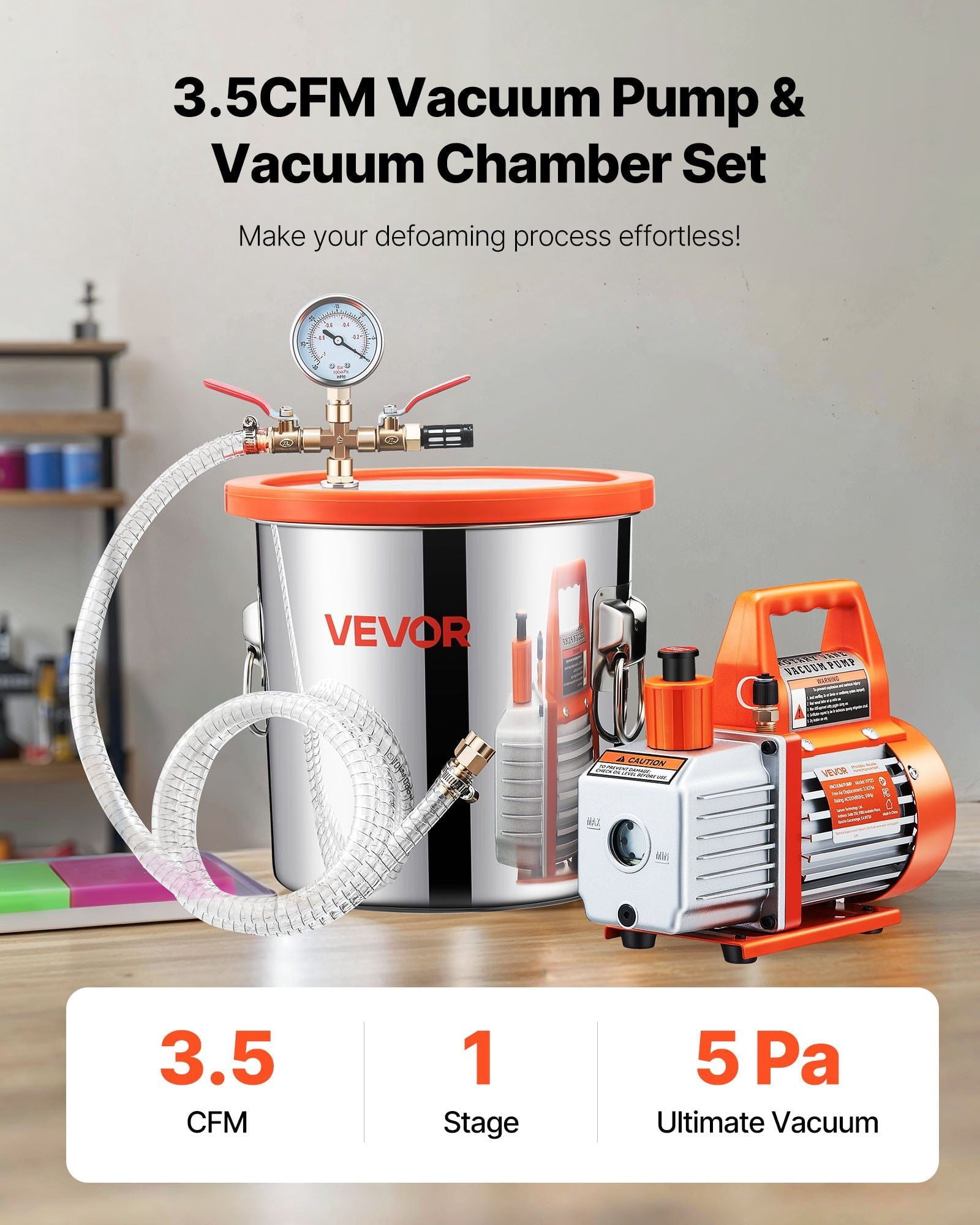 3.5 CFM Single Stage Vacuum Pump 3 Gallon Stainless Steel Degassing Chamber Kit