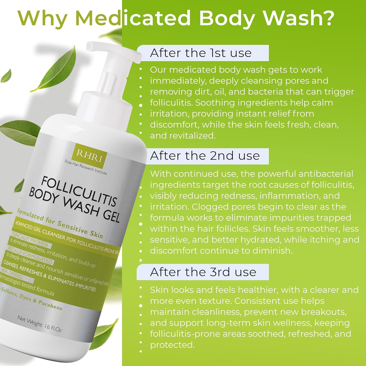 Folliculitis Body Wash Gel | Sensitive Skin Cleanser for Redness, Irritation & Itching | Non-Drying & Hydrating