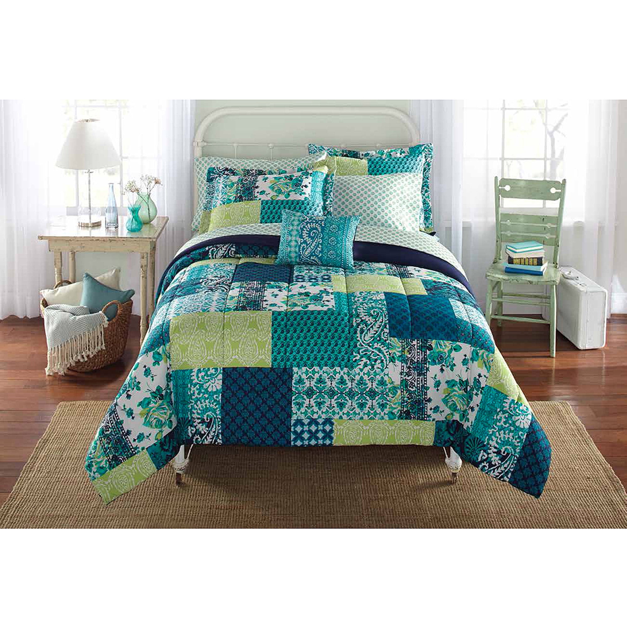 Mainstays Bed In A Bag Bedding Comforter Set Teal Patch Walmart Com