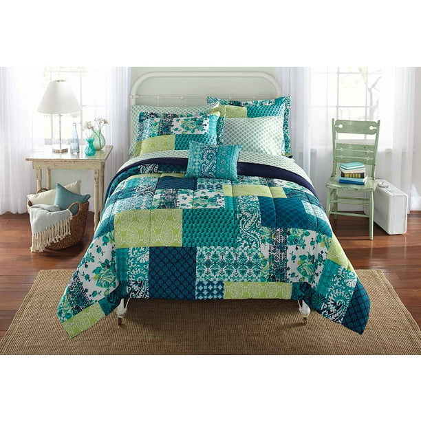Mainstays Teal Patch Bed in a Bag Bedding