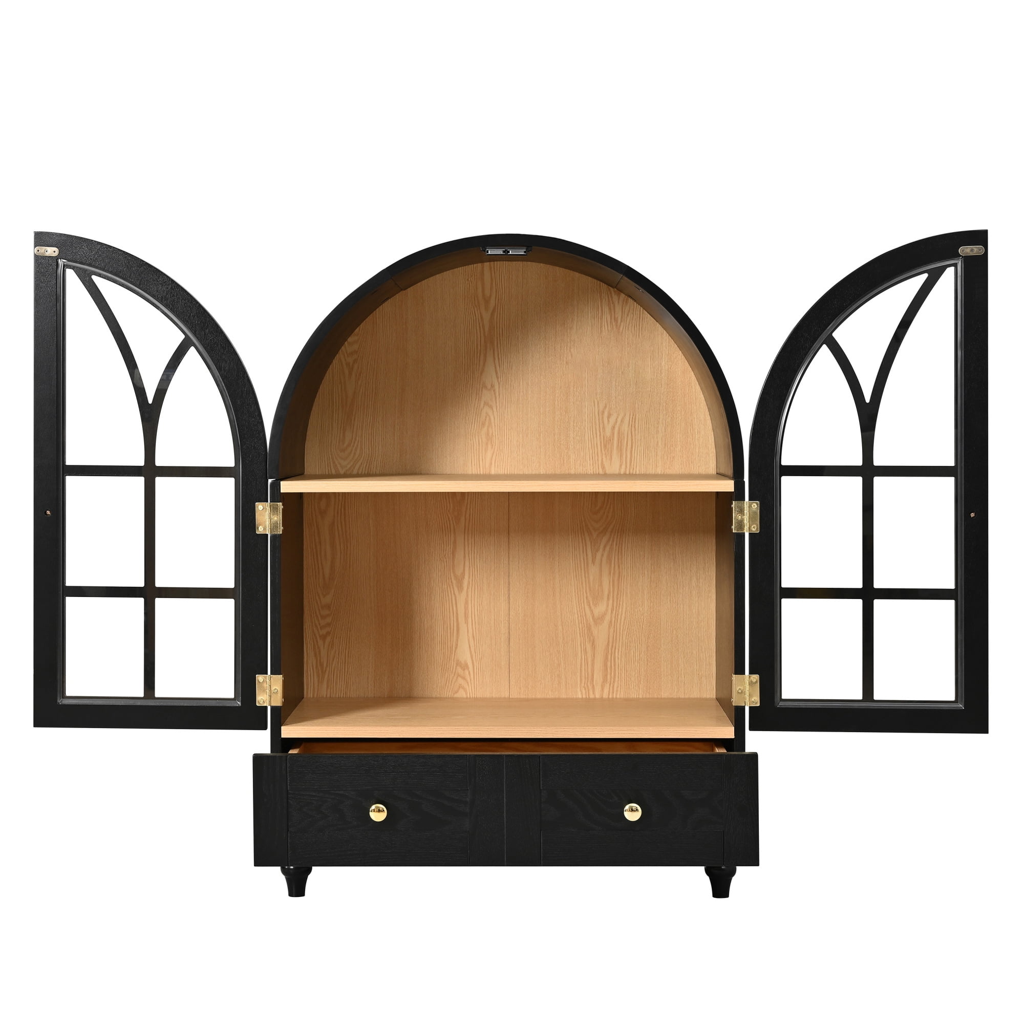 Leumius Arched Display Cabinet with Tempered Glass Doors,Wood Storage Cabinet with Natural Wood Grain Finish, Solid Wood Legs Accent Cabinet with Drawers for Living Room Dining Room Office Black
