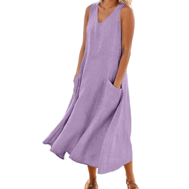 Vestido largo sin mangas con cuello en V y color liso para mujer: corte holgado, bolsillos, vestido informal cómodo para el día a día.
