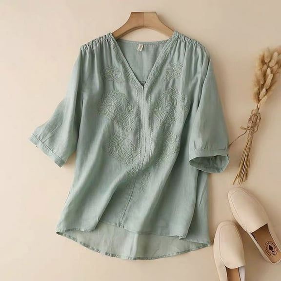 AOOCHASLIY Back to School Clearaces Women's Solid Colour Cotton and Linen Embroidery Vintage Literary Short Sleeve V-Neck Five Points Sleeve Top