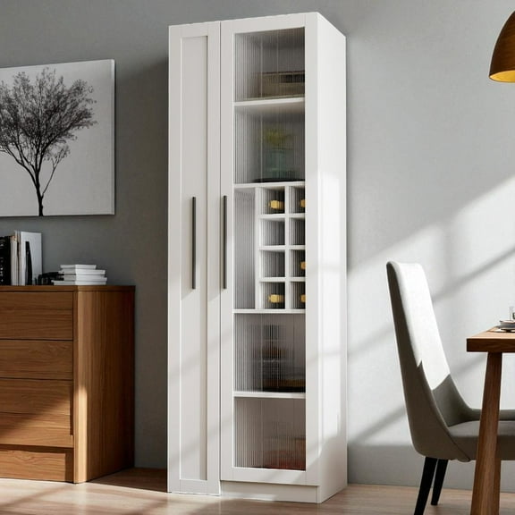 GZXS 70.87"H Pantry Cabinet with Pull-Out 5-Tier Organizer Shelf, Glass Door, Wine Racks, and Stemware Holder, Multi-Functional Storage Narrow Cupboard for Kitchen, Dining, Living Room (White )