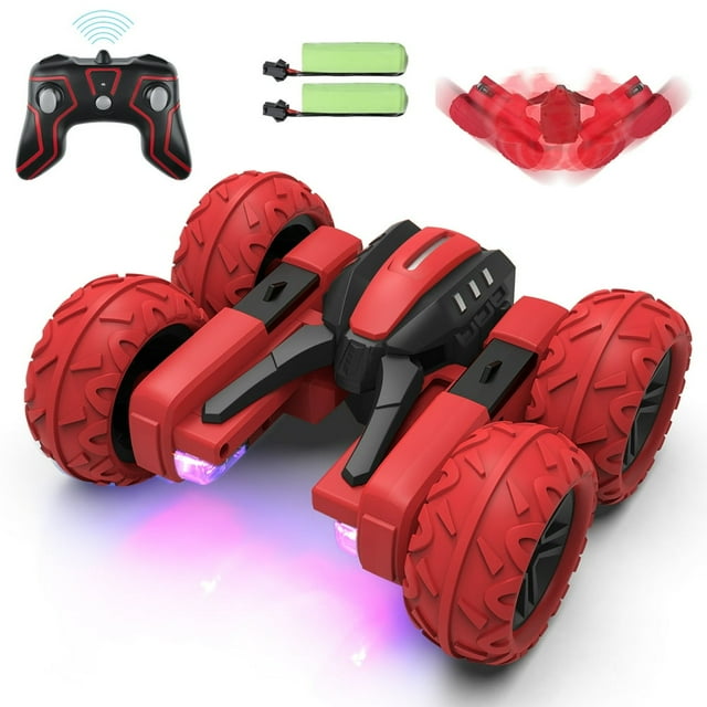 CNKOO 2.4GHz RC Car for Kids 360° Rotation Remote Control Stunt Car for Boys and Girls 4WD Off-Road Double Side Driving Vehicles with LED Lights Red