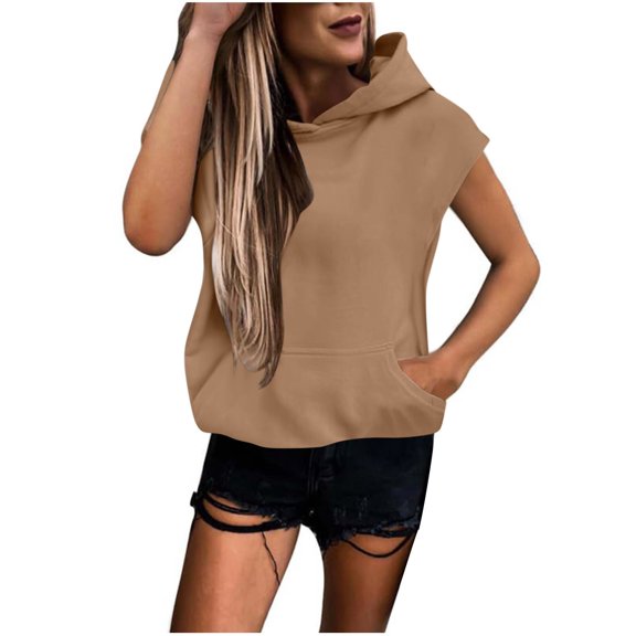 ZyeKqe Womens Hoodies Sleeveless Casual Summer Drawstring Sweatshirt Loose Fitted Pullovers with Pocket