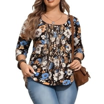 Cuteduck Women Plus Size Printed Tunic 3/4 Sleeve Fall Pleated Round-neck Casual Loose Ruffled Top 1X-4X