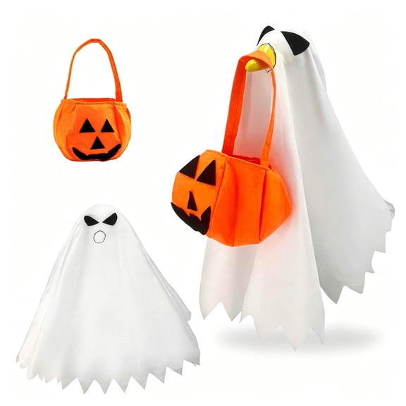 Funny Porch Goose Halloween Outfit Ghost Costume With Pumpkin Candy Bag And Spooky Face Porch Goose Accessories For 19 Inch Outdoor Front Porch Decor
