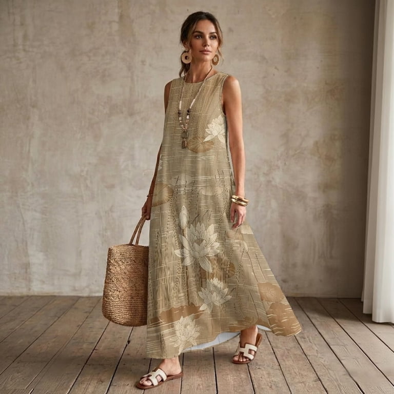 Jiueut Lotus Flower Print Sleeveless Maxi Dress for Women Maxi Summer Casual Long Dress Beach Vacation Clothes Crewneck Resort Wear with Pockets Tropical Travel, S