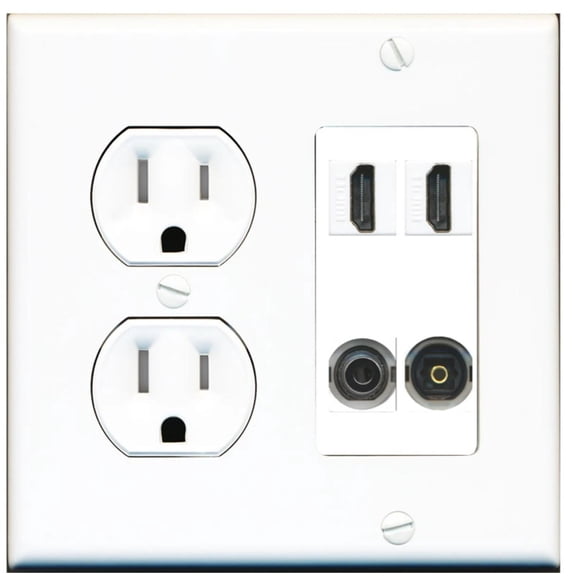 Ultra Spec Cables 2 Port HDMI 3.5mm Toslink Optical Wall Plate w/Tamper Resistant Power Outlet