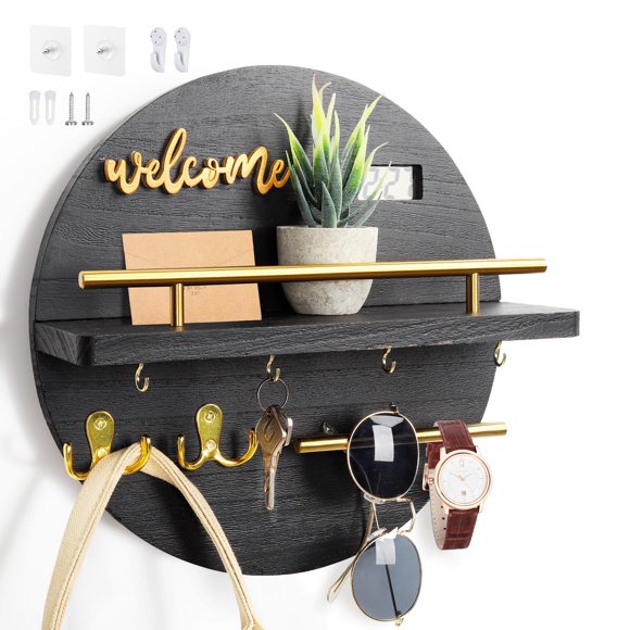 Soporte de pared para llaves y correo LEIRUOTM, madera rústica, negro