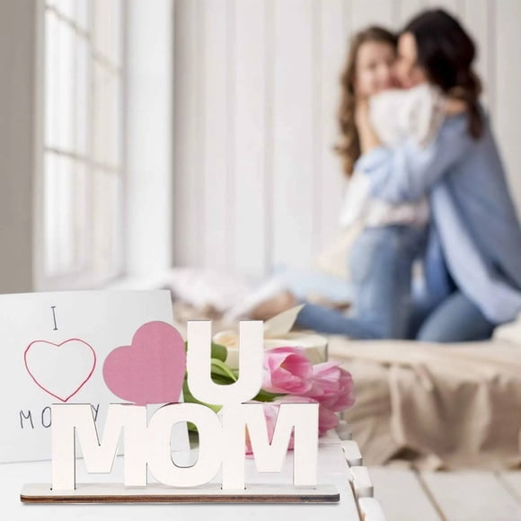 IU MOM Style Wooden Ornament – Souew Happy Mother's Day Plaque Sign, I Love You Mom Decorative Craft for Desktop, Rustic Wood Decor