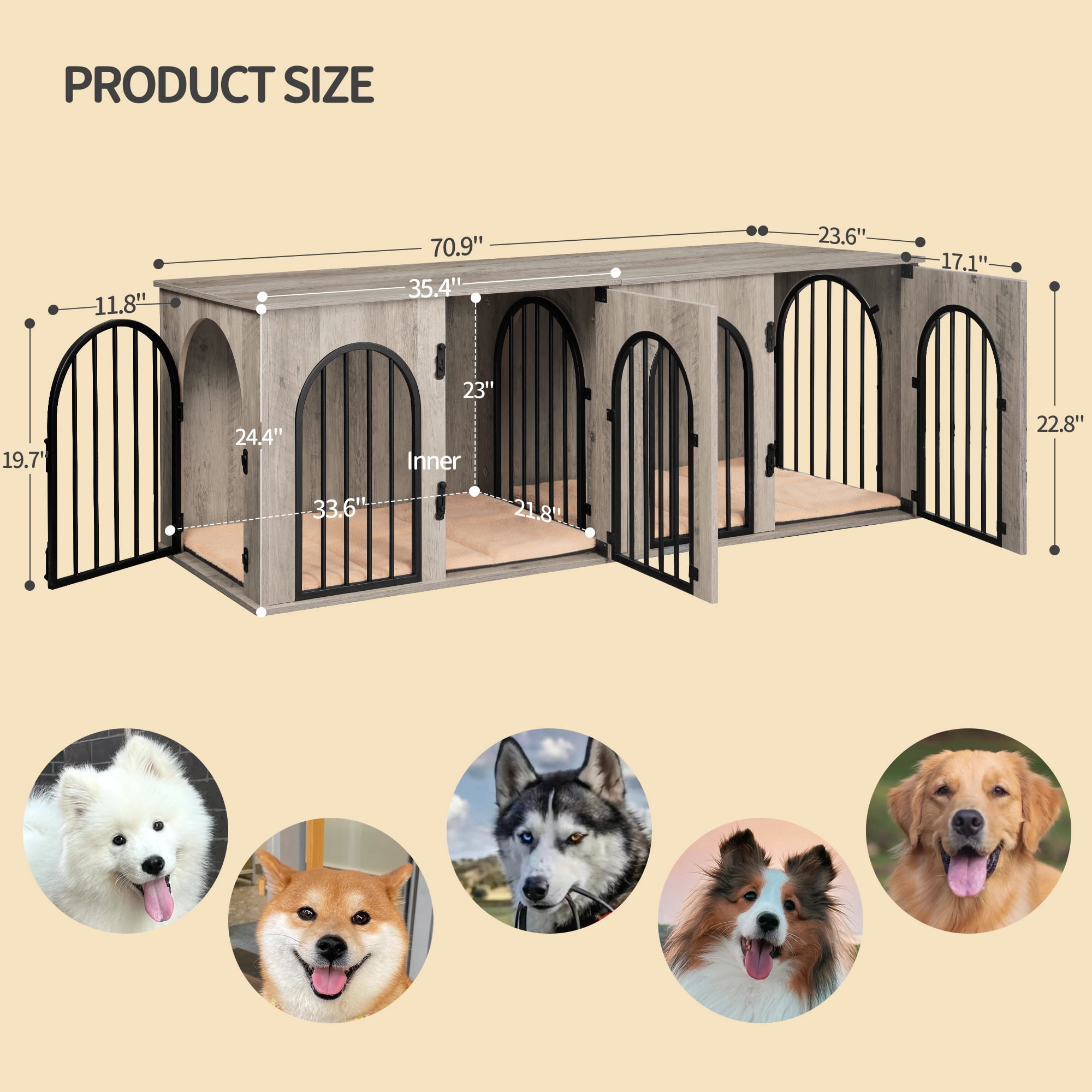 Dog Crate Furniture, 71" Heavy Duty Dog Kennels with Divider, Pads, Side Table, TV Cabinet