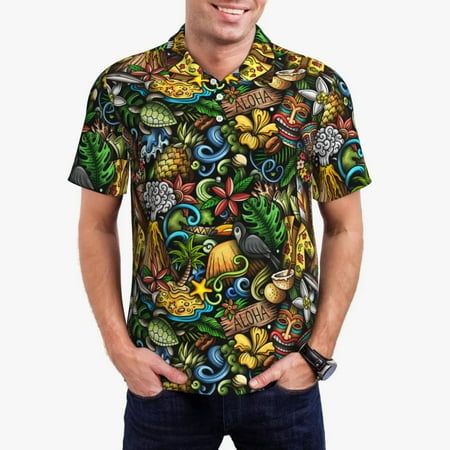Goofa Hawaiian Culture Symbols Print Mens Polo Shirts Quick Dry Short Sleeve Golf T Shirt Performance Moisture Wicking Casual Workout-Small
