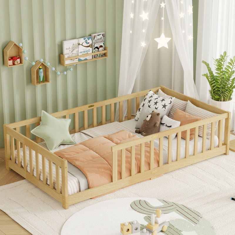 Mirightone Twin Size Floor Bed, Wood Montessori Floor Beds with Fence Railings and Slats Support, Twin Playhouse Bed Frame, No Box Spring Needed, (Natural)