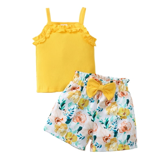 2T Baby Girls Clothes 3T Girls 2PCS Summer Outfits Set Flower Print Toddler Girls Sleeveless Top Shorts Set Yellow