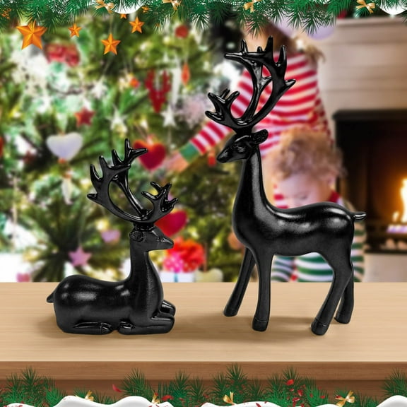 Black Christmas Reindeer Figurine, 2pcs Couple Deer Sculptures Mini Xmas Deer Statue Resin Animal Table Centerpiece for Home Living Room Office Decor