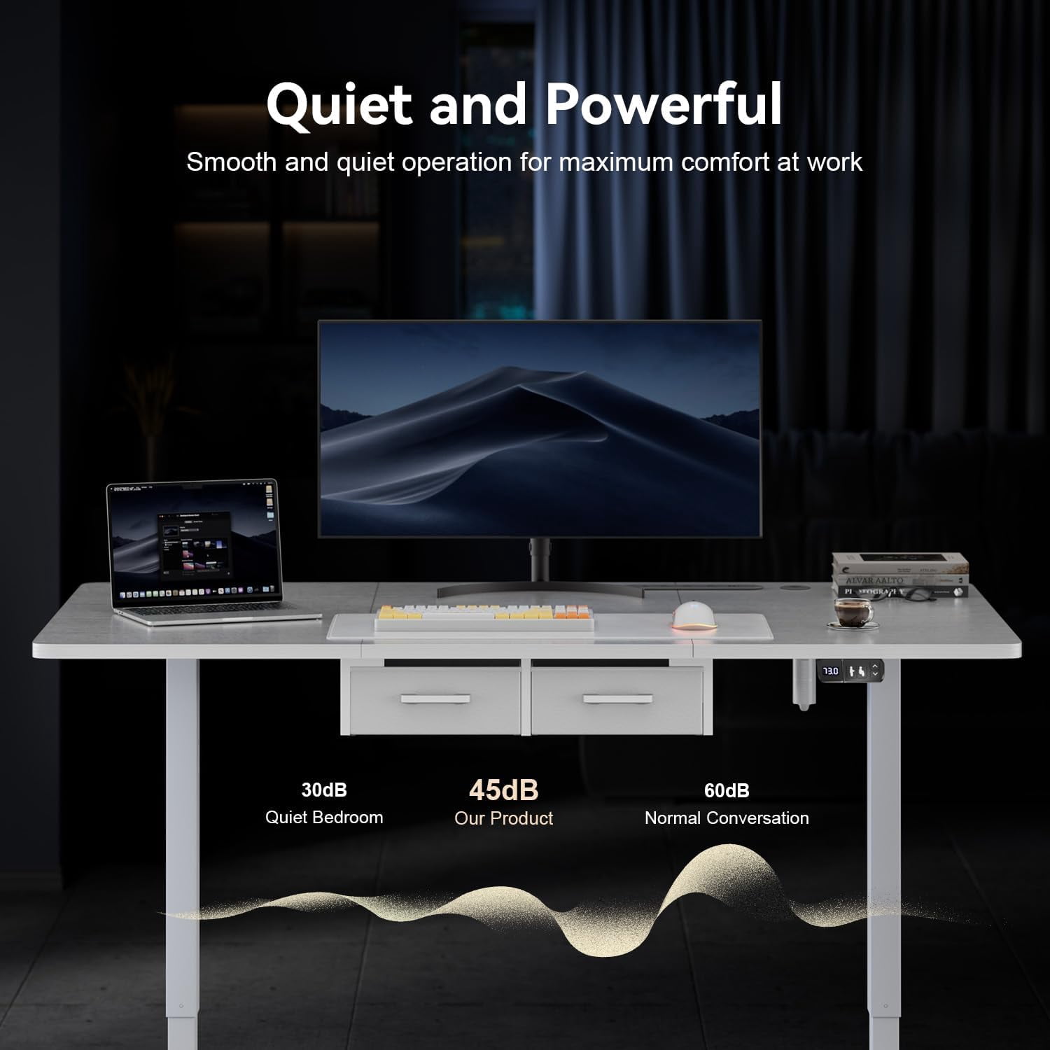 HLDIRECT Electric Standing Desk with 2 Drawers & Power Outlets & USB Ports, 55×31.5 inches Height Adjustable Desk with Storage, Sit Stand up Desk for Home Office, White