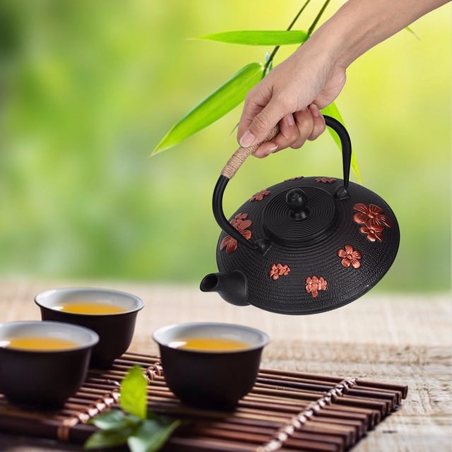 Drinkware Tool Cast Iron Teapot Red Oriental Cherry Pattern Tea Kettle, Teapot, for Home Teahouse Office