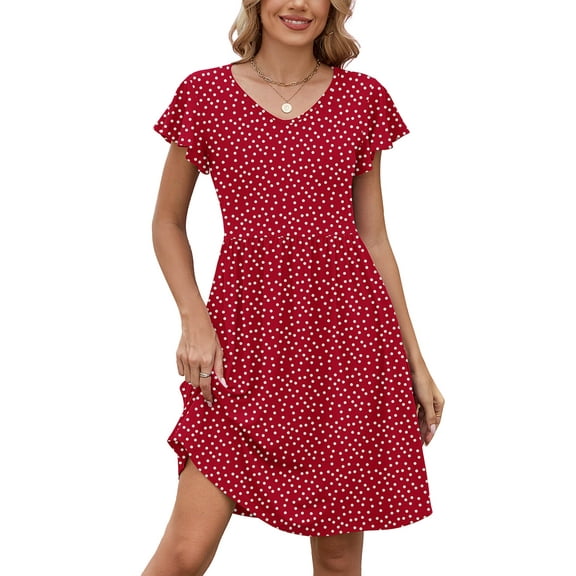 Chiclily Summer Dresses for Women Ruffle Sleeve Midi Dress Boho Beach Sundress with Pockets, Polkadots Red L