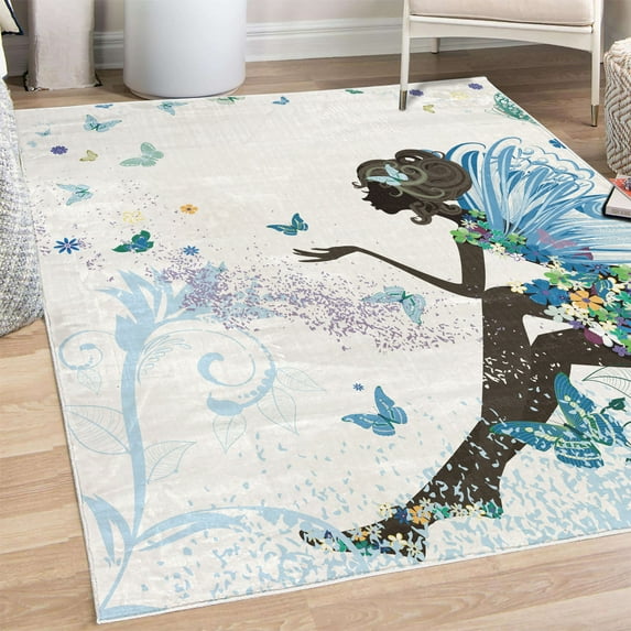 Fantasy Decorative Rug, Spring Girl Wings in a Floral Dress Surreal Garden Butterflies Print, Quality Carpet for Bedroom Dorm and Living Room, 6 Sizes, Lime Green, by Ambesonne