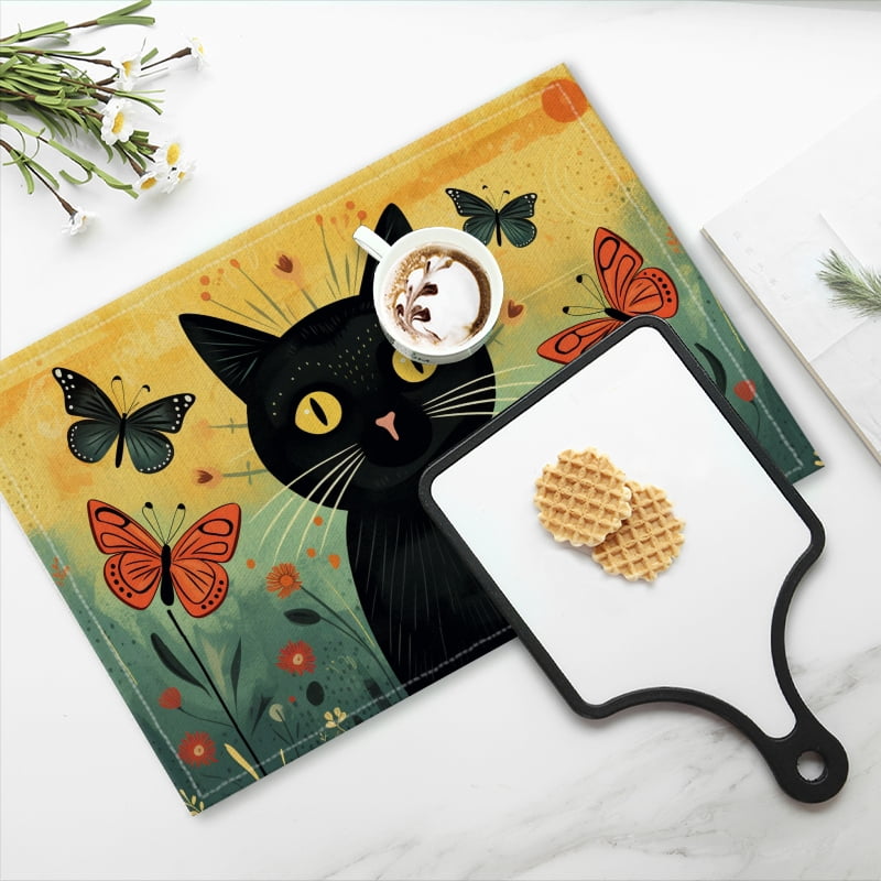 BaHomeck placemats Set of 4 Black Cat Surrounded By Butterflies Cotton Linen rectangle Placemats for Kitchen Dining Table Indoor,Outdoor,18*12inch