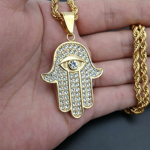 Hamsa Hand of Fatima Necklace Pendant & Chain For Men Women's 14K Yellow Gold Palm Necklaces Turkish Jewelry Gift