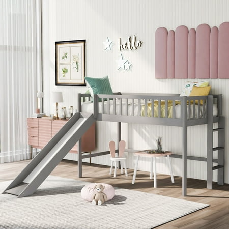CLearance! Twin Size Low Loft Bed with Ladder and Slide  Gray