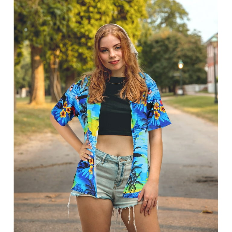 Happy Bay Button Down Shirt for Women Tropical Blouse Dress Shirt Short Sleeve Hawaiian Tops Vacation Button Up Beach Party Summer Shirts for Women S