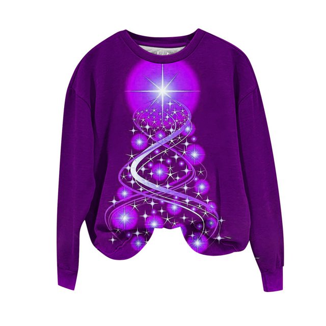 Rbaofujie Tunique à Capuche pour Femmes Mode de Noël Imprimée Manches Longues Décontractée Ample Col Rond Chandail en Molleton Violet pour Adolescentes