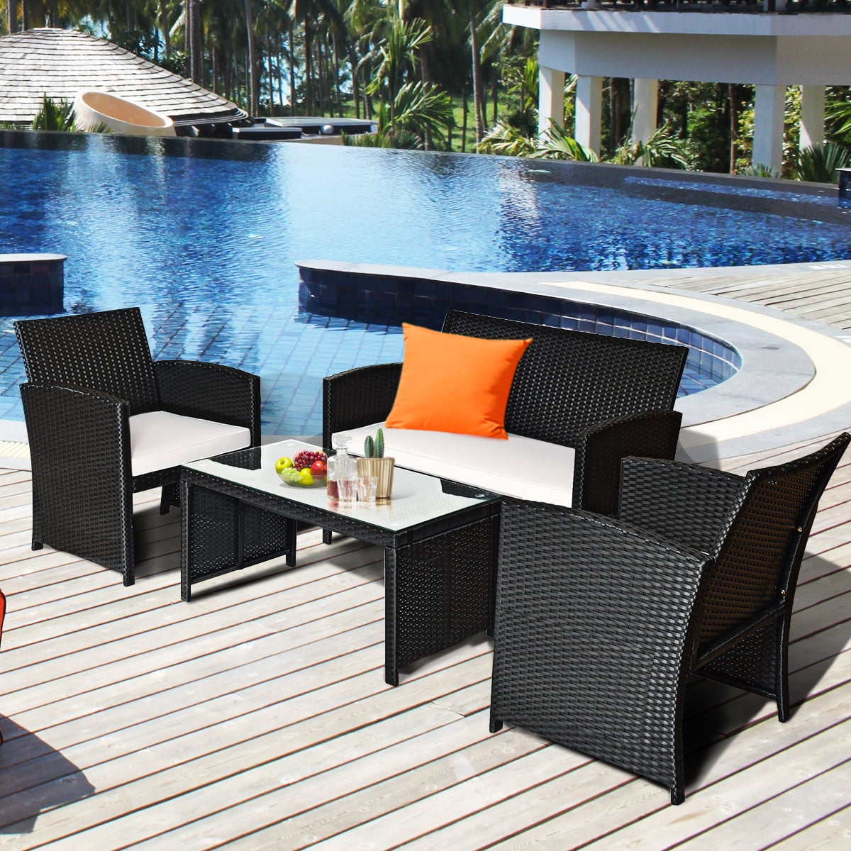 Costway 8PCS Patio Rattan Furniture Conversation Set Cushioned Sofa Table Garden Black