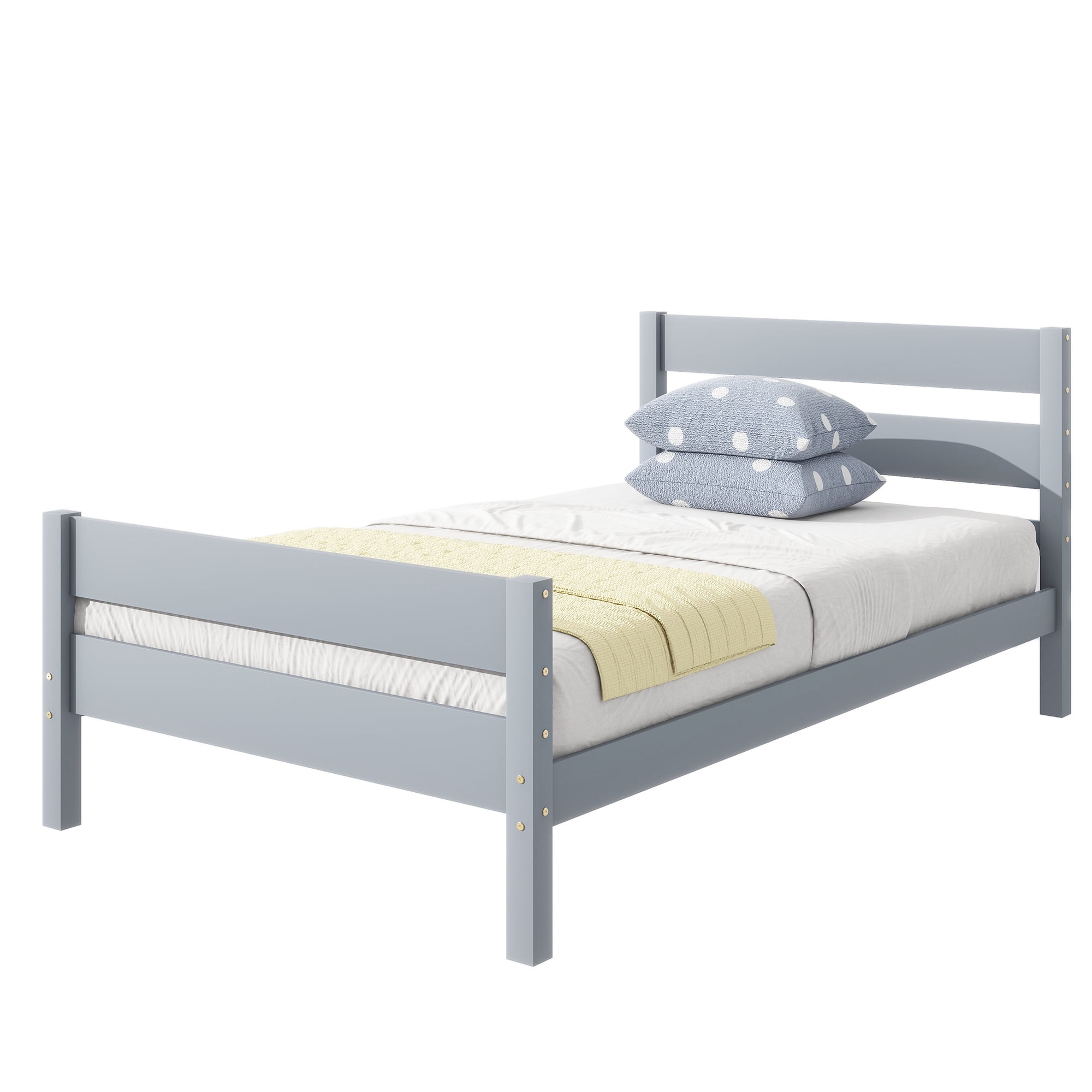 Rubber Wood Twin Platform Bed with Solid Headboard & Footboard, 10 Plywood Slats Underbed Storage Design Holds 250LBS Fits ≤6 Inch Mattress No Box Spring Needed