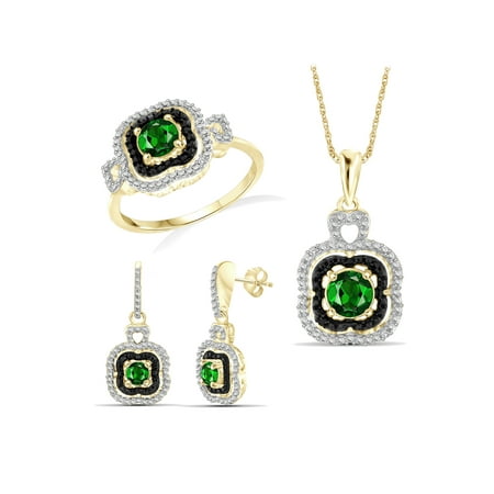JewelersClub 1 1/2 Carat T.G.W. Chrome Diopside And Black & White Diamond Accent 14k Gold Over Silver 3-Piece Jewelry set