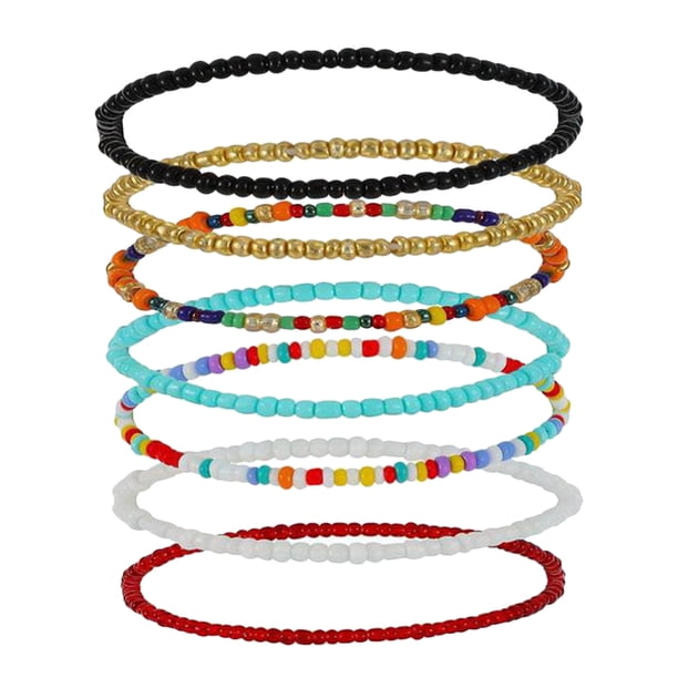 7 tobilleras de cuentas hechas a mano para niña, tobilleras decorativas de cuentas de colores.